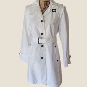 NWT Portrait White with Black Accent Knee Length Hooded Trench Rain Coat